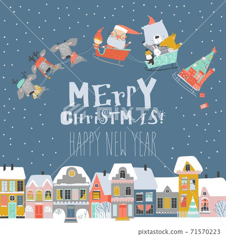 Cartoon sleigh with Santa Claus and animals fly above the snowing town 71570223