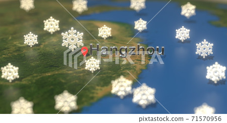 Hangzhou city and snowy weather icon on the map, weather forecast related 3D rendering Hangzhou city and snowy weather icon on the map, weather forecast related 3D rendering 71570956