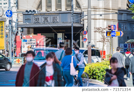 A pedestrian crossing in front of Asakusa Station, a cityscape of Tokyo in Japan. Bicycles pass everywhere ... 71571354