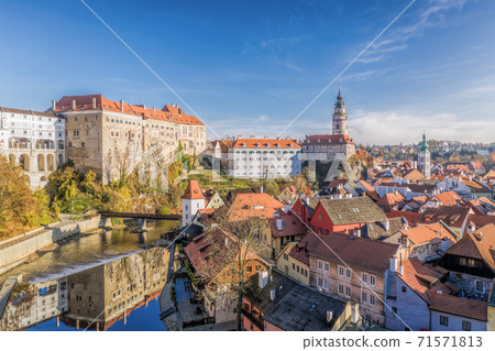 Panoramic aerial view over town center of Cesky Krumlov during autumn season in Czech Republic Panoramic aerial view over town center of Cesky Krumlov during autumn season in Czech Republic 71571813
