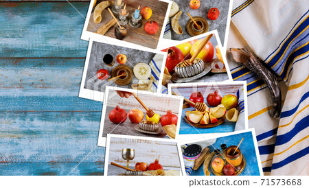 On the table in the synagogue are the symbols of Yom Kippur apple and pomegranate, shofar talith photo collage 71573668