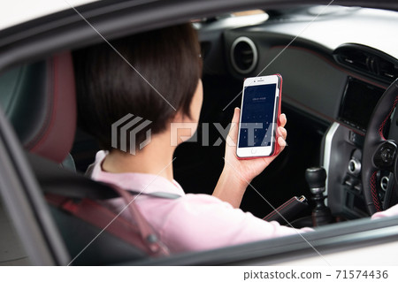 A woman who operates a smartphone while driving A woman who operates a smartphone while driving 71574436
