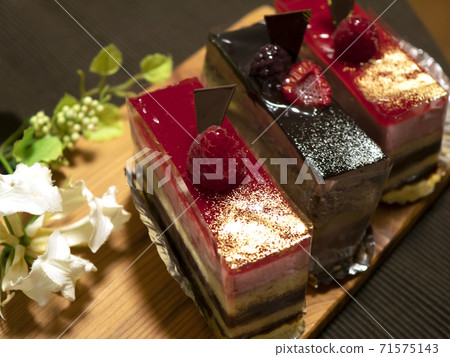 3 pieces of raspberry mousse chocolate cake for celebration 71575143