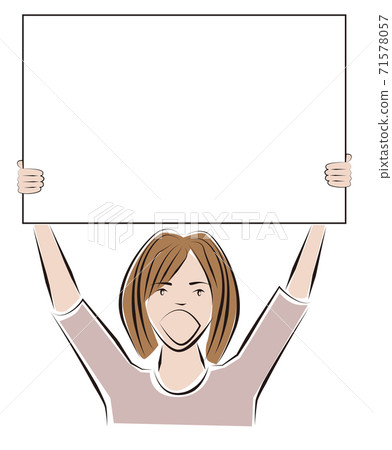 Illustration of a woman screaming with a message board raised high Illustration of a woman screaming with a message board raised high 71578057