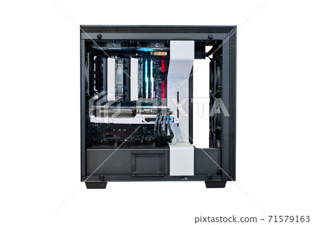 Open desktop computer PC on modify cooling version and LED RGB lighting show status on working mode from beside on black computer tower case, isolated on white background Open desktop computer PC on modify cooling version and LED RGB lighting show status on working mode from beside on black computer tower case, isolated on white background 71579163