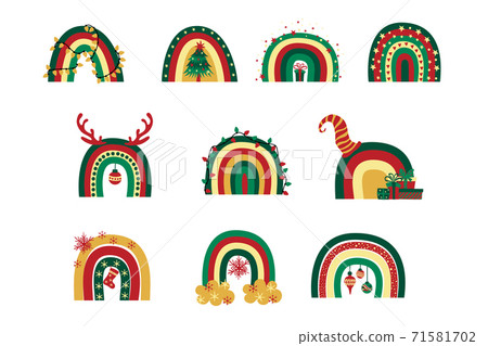 Set of cute Christmas rainbows with different christmas decorations isolated on white background. 71581702