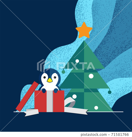 Penguin come up from presents box in front of Christmas tree with blue tone background Penguin come up from presents box in front of Christmas tree with blue tone background 71581766