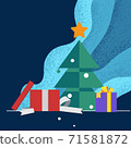 open presents box in front of Christmas tree with blue tone background 71581872