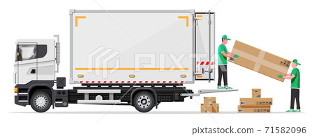 Truck trailer loaded with cardboard boxes by mover Truck trailer loaded with cardboard boxes by mover 71582096