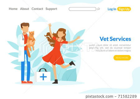 Vet Services Landing Page Template, Veterinarian Doctor Examining and Treating Cat, Pets Healthcare, Medical Treatment, Prevention and Vaccination Vector Illustration 71582289