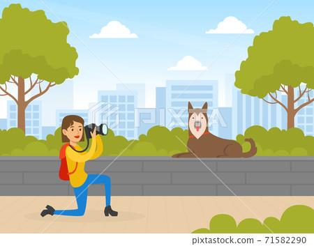 Girl Photographer with Digital Camera Taking Photo of Dog in Summer Park Cartoon Vector Illustration 71582290