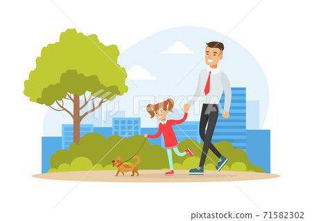 Happy Dad in his Daughter Walking with Dog in Summer Park Cartoon Vector Illustration 71582302