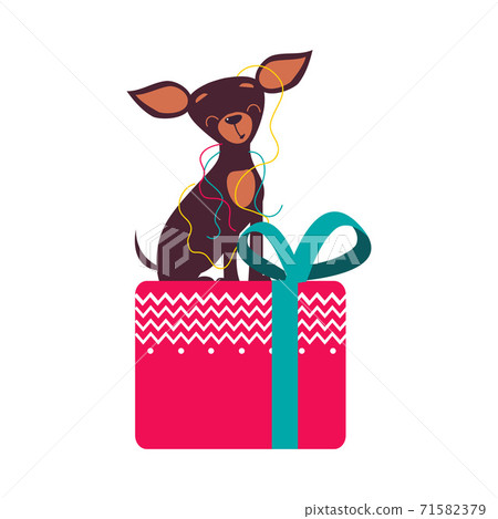 Funny Toy Terrier Dog Sitting on Presnt Box with Bow, Symbol of Xmas and New Year, Happy Winter Holidays Concept Cartoon Style Vector Illustration Funny Toy Terrier Dog Sitting on Presnt Box with Bow, Symbol of Xmas and New Year, Happy Winter Holidays Concept Cartoon Style Vector Illustration 71582379