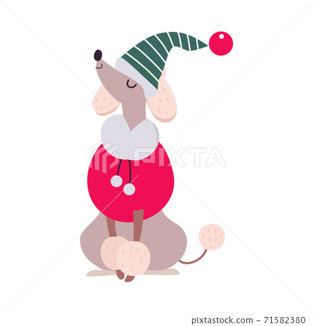 Funny Poodle Dog in Christmas Clothes, Symbol of Xmas and New Year, Happy Winter Holidays Concept Cartoon Style Vector Illustration Funny Poodle Dog in Christmas Clothes, Symbol of Xmas and New Year, Happy Winter Holidays Concept Cartoon Style Vector Illustration 71582380