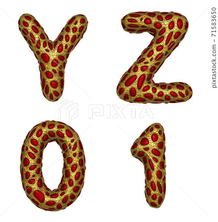 Letter set Y, Z, 0, 1 made of realistic 3d render golden shining metallic. 71583650