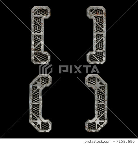 Mechanical alphabet made from rivet metal with gears on black background. Set of symbols left and right square bracket, left and right parentheses. 3D 71583696