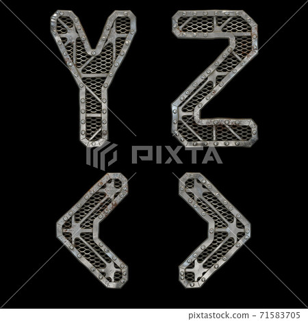 Mechanical alphabet made from rivet metal with gears on black background. Set of letters Y, Z and symbol left, right angle bracket. 3D Mechanical alphabet made from rivet metal with gears on black background. Set of letters Y, Z and symbol left, right angle bracket. 3D 71583705