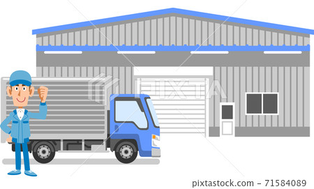 A man in work clothes doing a guts pose in front of a warehouse and a truck 71584089