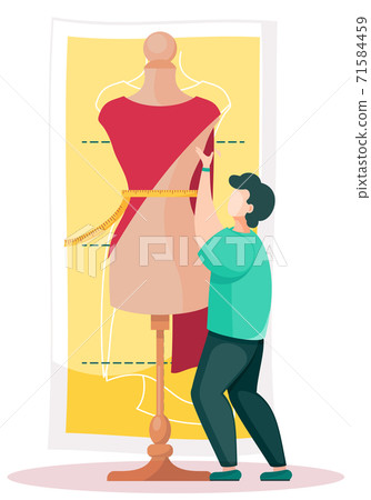 Male seamstress working on dress. Big mannequin and tiny dressmaker. Sewing clothes for order Male seamstress working on dress. Big mannequin and tiny dressmaker. Sewing clothes for order 71584459