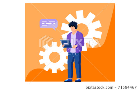 The man with a computer is sending an email vector illustration with orange gears background 71584467