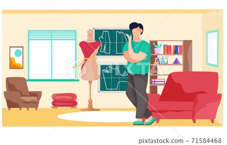 Fashion designer is making a model. Dressmaker is standing near the mannequin and looking at pattern 71584468