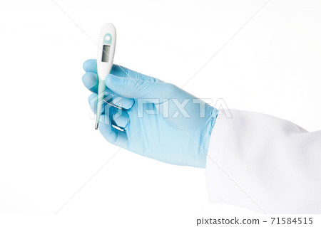 Close up hand in rubber latex medicine blue glove holding a electronic thermometer. Close up hand in rubber latex medicine blue glove holding a electronic thermometer. 71584515