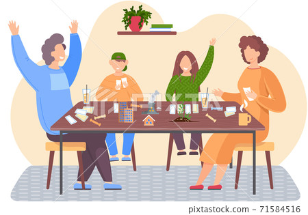 Happy family sitting at table and playing cards. Ecologycal problems. Pastime at home Happy family sitting at table and playing cards. Ecologycal problems. Pastime at home 71584516