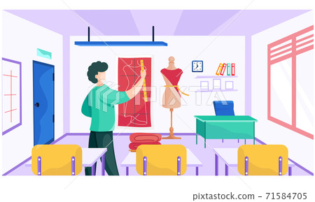Man shows pupils the principles of taking measurements for a dress. School for seamstresses 71584705