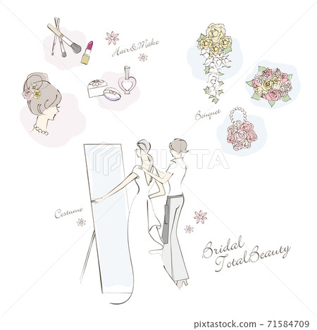 Illustration of trying on, makeup, and bouquet of wedding dress Illustration of trying on, makeup, and bouquet of wedding dress 71584709