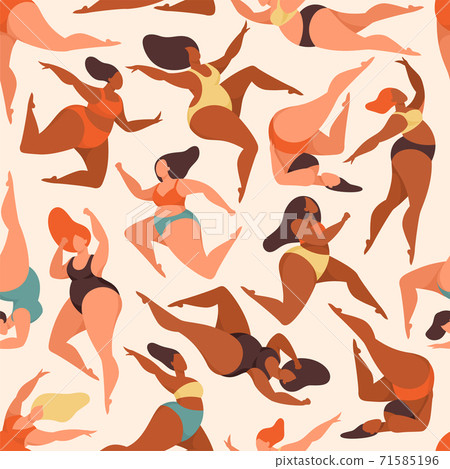 Body positive women seamless pattern. Overweight female in color clothes charming fat girls, plus size in swimsuits, creative design textile, wrapping paper, wallpaper vector texture 71585196
