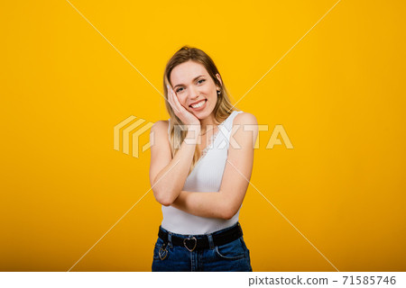 Headshot of happy emotional woman laughing from the bottom of her heart 71585746