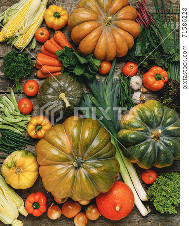 Beautiful arrengament of autumn vegetables on wooden table Beautiful arrengament of autumn vegetables on wooden table 71586228