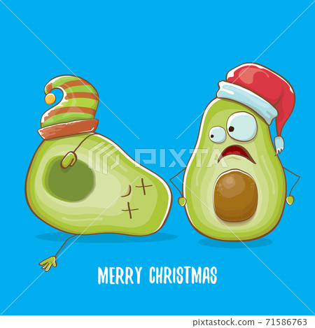 Merry chirstmas vector funky greeting card with with santa claus avocado character and his elf friend on blue background. Vector funny christmas party poster design template Merry chirstmas vector funky greeting card with with santa claus avocado character and his elf friend on blue background. Vector funny christmas party poster design template 71586763