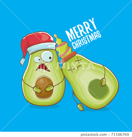 Merry chirstmas vector funky greeting card with with santa claus avocado character and his elf friend on blue background. Vector funny christmas party poster design template Merry chirstmas vector funky greeting card with with santa claus avocado character and his elf friend on blue background. Vector funny christmas party poster design template 71586769
