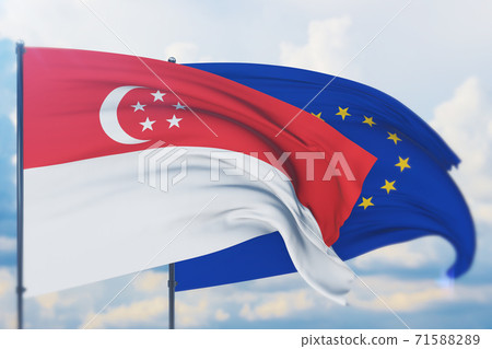 Waving European Union flag and flag of Singapore. Closeup view, 3D illustration. Waving European Union flag and flag of Singapore. Closeup view, 3D illustration. 71588289