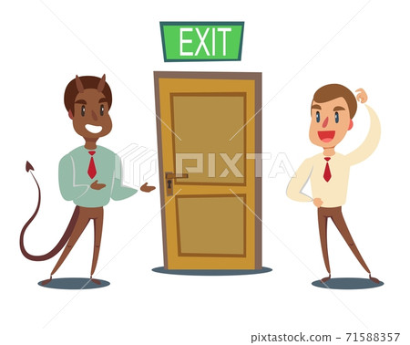 Evil devil businessman invite men to opened door. Evil devil businessman invite men to opened door. 71588357