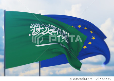 Waving European Union flag and flag of Saudi Arabia. Closeup view, 3D illustration. Waving European Union flag and flag of Saudi Arabia. Closeup view, 3D illustration. 71588359