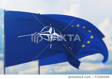 Waving European Union flag and flag of NATO. Closeup view, 3D illustration. Waving European Union flag and flag of NATO. Closeup view, 3D illustration. 71588566