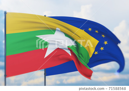 Waving European Union flag and flag of Myanmar. Closeup view, 3D illustration. Waving European Union flag and flag of Myanmar. Closeup view, 3D illustration. 71588568
