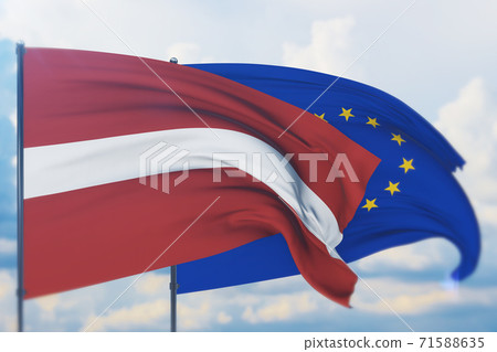 Waving European Union flag and flag of Latvia. Closeup view, 3D illustration. 71588635