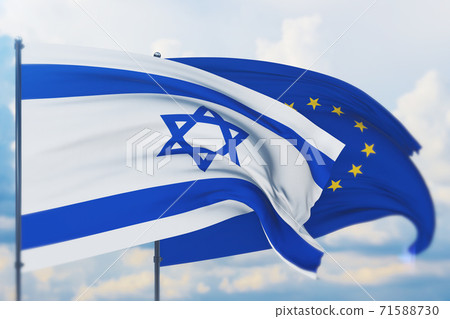 Waving European Union flag and flag of Israel. Closeup view, 3D illustration. 71588730