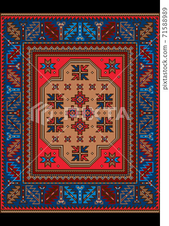 Vintage carpet with ethnic ornament in red and blue colors Vintage carpet with ethnic ornament in red and blue colors 71588989