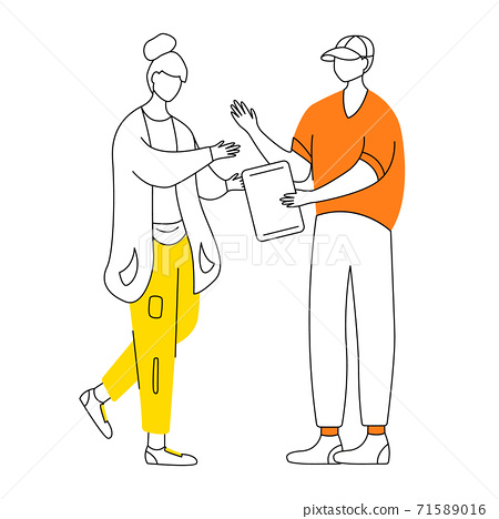 Young Couple With Tablet Flat Contour Vector Stock Illustration