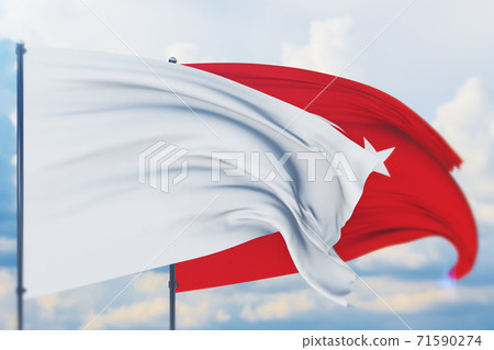 White flag on flagpole waving in the wind and flag of Turkey. Closeup view, 3D illustration. White flag on flagpole waving in the wind and flag of Turkey. Closeup view, 3D illustration. 71590274