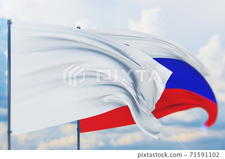 White flag on flagpole waving in the wind and flag of Slovenia. Closeup view, 3D illustration. 71591102