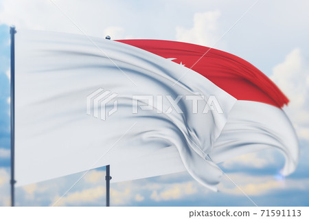 White flag on flagpole waving in the wind and flag of Singapore. Closeup view, 3D illustration. 71591113