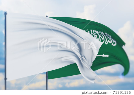 White flag on flagpole waving in the wind and flag of Saudi Arabia. Closeup view, 3D illustration. White flag on flagpole waving in the wind and flag of Saudi Arabia. Closeup view, 3D illustration. 71591156