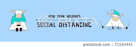 New Year holidays 2021. Winter sports. Outdoor activities during coronavirus COVID-19 isolation. Social distancing infographic with cute kawaii characters. White ox, bull, cow. Vector template 71593445