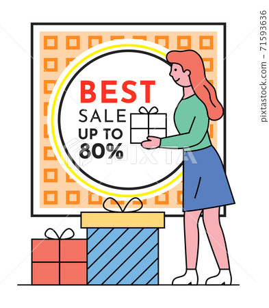 Sale banner with a woman holding gift box standing near advertising poster with lettering best sale 71593636