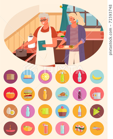 Granny and Granddaughter Cooking Together Set 71593748
